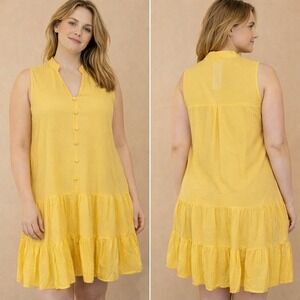 Nine West Yellow Polka Dot Sleeveless V Neck Tiered Ruffle Dress Women's Medium